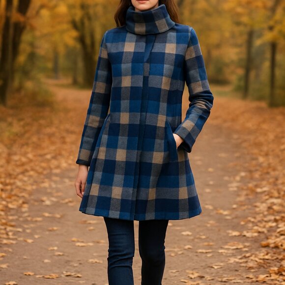 Stylish Blue and Gray Plaid Coat with Funnel Neck - Picture 1 of 7